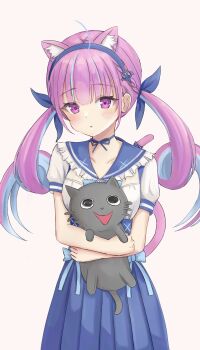 Rule 34 | 1girl, ahoge, anchor hair ornament, anchor symbol, animal ears, blue choker, blue hairband, blue sailor collar, blush, bow, breasts, cat ears, choker, colored inner hair, frilled sailor collar, frills, hair ornament, hairband, high-waist skirt, highres, hololive, looking at viewer, minato aqua, minato aqua (sailor), multicolored hair, official alternate costume, pink hair, purple eyes, ribbon choker, sailor collar, school uniform, short sleeves, skirt, solo, tamamorh, twintails, two-tone hair, virtual youtuber, white background