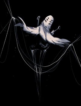 1girl arthropod_girl black_background black_eyes black_skin colored_skin commentary extra_eyes highres hollow_eyes hollow_knight hollow_knight:_silksong ocohc simple_background solo standing string symbol-only_commentary weapon weapon_on_back widow_(hollow_knight)