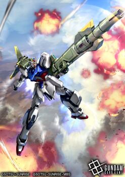 beam_cannon commentary_request company_name copyright_logo copyright_name copyright_notice explosion gundam gundam_card_game gundam_seed holding_cannon humanoid_robot launcher_strike_gundam logo mobile_suit no_humans outdoors robot sakusakusakurai science_fiction solo strike_gundam v-fin yellow_eyes