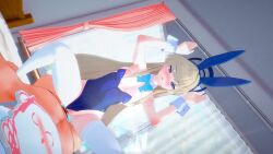 1boy 1girl 3d animal_ears animated bed blonde_hair blue_archive blue_bow blue_hair blue_nails blue_sky blush bouncing_breasts bow breasts ceiling collarbone cowgirl_position cum cum_in_pussy curtains day detached_collar downscaled ears fake_animal_ears girl_on_top halo handbrake_(medium) hands_up indoors koikatsu_(medium) large_breasts large_penis leaking long_hair looking_at_viewer low_angle lying nail_polish nipples nose on_back penis playboy_bunny pubic_hair pussy rabbit_pose resized sensei_(blue_archive) sitting sky spread_legs squatting straddling thighhighs toki_(blue_archive) toki_(bunny)_(blue_archive) tree video white_thighhighs window wrist_cuffs yurabe