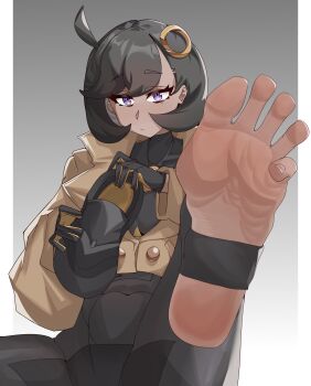 1girl barefoot black_hair dark-skinned_female dark_skin emma_(pokemon) feet highres holding holding_shoes holding_unworn_clothes looking_at_viewer medium_hair nian_nian_zi pokemon pokemon_legends:_z-a purple_eyes shoes single_shoe soles stirrup_legwear toeless_legwear toes unworn_shoes