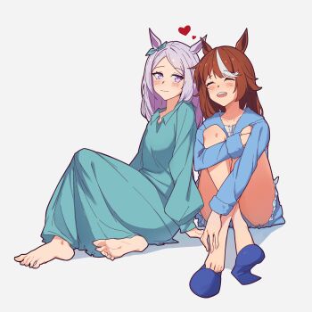 2girls absurdres animal_ears aqua_bow barefoot blue_dress blue_jacket blue_shorts blush bow brown_hair closed_eyes closed_mouth commentary_request dress ear_bow hair_between_eyes heart highres horse_ears horse_girl jacket long_hair long_sleeves mejiro_mcqueen_(umamusume) multicolored_hair multiple_girls open_mouth purple_eyes purple_hair shirt shorts simple_background sitting smile snow_hawkeye streaked_hair teeth tokai_teio_(umamusume) two-tone_hair umamusume upper_teeth_only white_hair