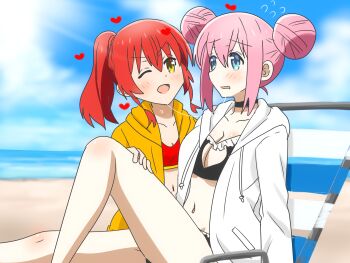Rule 34 | 2girls, after kiss, alternate hairstyle, bare legs, bikini, black bikini, black choker, blue eyes, blue sky, bocchi the rock!, breasts, choker, cleavage, cloud, commentary request, day, double bun, drawstring, flying sweatdrops, gotoh hitori, green eyes, hair bun, hair up, hand on another's thigh, heart, hood, hoodie, karuta (karuta01), kita ikuyo, medium breasts, multiple girls, one eye closed, outdoors, pink hair, ponytail, red bikini, red hair, saliva, saliva trail, sitting, sky, swimsuit, white hoodie, yellow hoodie, yuri