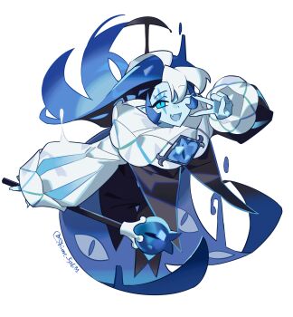 1boy ;d ahoge arm_at_side bent_over blue_eyes blue_gemstone blue_hair blue_skin colored_eyelashes colored_skin cookie_run cookie_run:_kingdom cropped_legs facial_mark fang fingernails gem hand_up highres holding holding_staff humanization long_hair long_sleeves looking_at_viewer male_focus mismatched_eyelashes neck_ruff one_eye_closed open_mouth puffy_long_sleeves puffy_sleeves shadow_milk_cookie shime52631 shirt simple_background skin_fang smile solo staff tongue v v_over_eye white_background white_eyelashes white_hair white_shirt