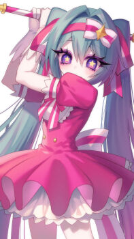 1girl aqua_hair blood blush bow commentary_request cowboy_shot eyelashes gloves hair_intakes hair_ribbon hatsune_miku highres holding holding_staff ima_sugu_rinne_(vocaloid) long_hair looking_at_viewer magical_girl mekariruwii neck_ribbon petticoat pink_blood pink_skirt puffy_short_sleeves puffy_sleeves purple_eyes ribbon short_sleeves skirt solo staff star-shaped_pupils star_(symbol) star_in_eye striped_ribbon symbol-shaped_pupils symbol_in_eye twintails variant_set very_long_hair vocaloid white_background white_gloves yellow_pupils