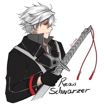 Rule 34 | 1boy, ahoge, artist name, black coat, black gloves, coat, commentary, eiyuu densetsu, english commentary, from side, gloves, hair between eyes, hair slicked back, highres, holding, holding sword, holding weapon, long sleeves, male focus, pommel tassel, rean schwarzer, red eyes, sen no kiseki, sen no kiseki (series), sen no kiseki iv, shiruuruu, simple background, solo, sword, tachi (weapon), upper body, weapon, white background, white hair