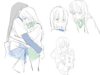 2girls aoki_hina blush closed_mouth clothes_around_waist highres hug jacket jacket_around_waist jhon_trick long_hair multiple_girls partially_colored protected_link real_life sidelocks simple_background sweatdrop translation_request voice_actor white_background youmiya_hina yuri