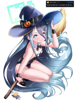 >:) 1girl absurdly_long_hair absurdres alternate_costume aqua_eyes aqua_halo aris_(blue_archive) bare_arms bare_legs bare_shoulders black_bow black_bowtie black_leotard black_shoes blue_archive blue_hat blush bow bowtie breasts bright_pupils broom broom_riding closed_mouth commentary detached_collar full_body gradient_hair grey_hair hair_between_eyes halloween_costume halo hand_on_headwear hat hat_bow highleg highleg_leotard highres holding holding_broom kei_(robot)_(blue_archive) korean_text kuma_piv leaning_forward legs_together leotard long_bangs long_hair long_hair_between_eyes long_sidelocks looking_at_another multicolored_hair one_side_up pumpkin_hat_ornament rectangular_halo ringed_eyes shoes sidelocks sidesaddle simple_background small_breasts solo strapless strapless_leotard v-shaped_eyebrows very_long_hair white_background witch witch_hat wristband
