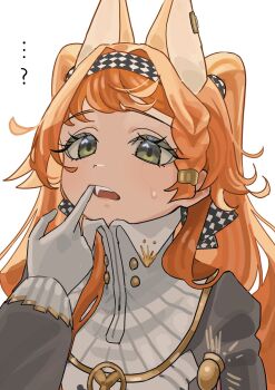Rule 34 | ...?, 1girl, animal ears, checkered hairband, collared dress, dog ears, dress, fang, finger in own mouth, gloves, green eyes, grey sleeves, hairband, hand up, high collar, highres, kemonomimi mode, long hair, looking at viewer, orange hair, perapera o2, reverse:1999, solo, sonetto (reverse:1999), sweat, two side up, upper body, very long hair, white background, white dress, white gloves