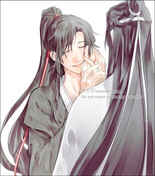 2boys black_border black_hair black_hanfu border chinese_clothes closed_eyes couple eyelashes guiding_hand hair_ribbon hand_grab hand_on_another's_cheek hand_on_another's_face hanfu headband high_ponytail holding_hands lan_wangji letterboxed long_hair long_sleeves male_focus modao_zushi multiple_boys open_mouth ponytail red_ribbon ribbon robe sidelocks simple_background smile sunmoon9994 topknot twitter_username upper_body very_long_hair watermark wei_wuxian white_background white_hanfu white_headband white_ribbon yaoi