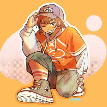 1boy adjusting_clothes adjusting_headwear arm_up baseball_cap black_eyes blush bright_pupils brown_hair bu3hgg dark-skinned_male dark_skin full_body green_shoes grey_hat grin hat highres hood hood_down kel_(birthday)_(omori) kel_(faraway)_(omori) kel_(omori) long_sleeves looking_at_viewer male_focus omori on_one_knee one_eye_closed open_mouth orange_background shoes smile sneakers socks solo teeth white_pupils white_socks