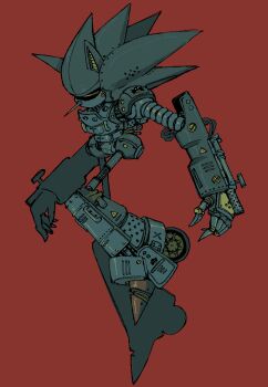 Rule 34 | 1boy, from side, highres, humanoid robot, male focus, mecha sonic mkii, no mouth, red background, robot, simple background, solo, sonic &amp; knuckles, sonic (series), sonic the hedgehog (classic), submarinechamomile, wheel