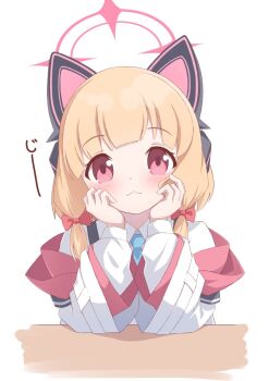 1girl :< animal_ear_headphones animal_ears blonde_hair blue_archive blue_necktie blush bow cat_ear_headphones cat_ears closed_mouth collared_shirt commentary_request elbows_on_table fake_animal_ears hair_bow halo hands_on_own_cheeks hands_on_own_face head_rest headphones highres jacket layered_sleeves long_sleeves looking_at_viewer low-tied_sidelocks medium_hair momoi_(blue_archive) multicolored_jacket necktie off_shoulder pink_eyes pink_halo pink_jacket red_bow shirt sidelocks simple_background solo suspenders upper_body white_background white_jacket white_shirt yuki_(user_tjvn3757)