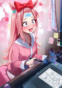 1girl absurdres agnes_digital_(umamusume) animal_ears aroused_nosebleed blood blue_eyes blush bow cold_pack collarbone commentary desk drawing_(action) drawing_tablet ear_ornament hair_bow hair_ornament heart highres himejoshi holding holding_stylus horse_ears horse_girl horse_tail imagining indoors long_hair long_sleeves manjo_(warito) meme mr._frog_(smiling_friends) nosebleed open_mouth pink_bow pink_hair pink_shirt shirt shorts sitting smiling_friends solo sticky_note stylus symbol-only_commentary tablet_pc tail tissue umamusume yoshi_and_toad_kissing_(meme) yuri
