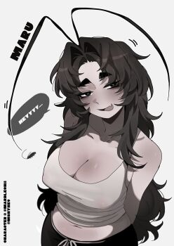 1girl absurdres antenna_hair arthropod_girl black_eyes black_hair borrowed_character breasts bug character_name cleavage cockroach cockroach_girl colored_skin english_text fang grey_skin hair_intakes highres insect long_hair medium_breasts messy_hair midriff midriff_peek nipples ny_000a original skin_fang smile tank_top twitter_username white_tank_top