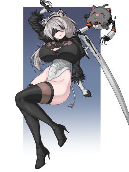 1girl 2b_(nier:automata) 2b_(nier:automata)_(cosplay) animal_ear_fluff animal_ears black_boots black_gloves black_hairband blindfold boots breasts brups_tv cleavage cleavage_cutout clothing_cutout cosplay covered_navel earrings feather-trimmed_sleeves fuse gloves hairband highres holding holding_sword holding_weapon hololive huge_breasts jewelry large_breasts leotard lion_ears lion_girl lion_tail long_hair nier:automata nier_(series) shishiro_botan ssrb_(shishiro_botan) sword tail thigh_boots thighhighs virtual_youtuber virtuous_contract weapon white_leotard