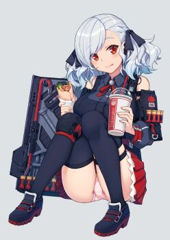 12-gauge 12-gauge_(2_3/4_inch_shell) 1girl ammunition ballistic_shield breasts crowbar cup doner_kebab doner_sandwich eating female_focus food franchi girls&#039;_frontline grey_hair hair_ribbon half-life_(series) highres holding large_breasts looking_at_viewer panties pantyshot red_eyes ribbon shield shield_module shish_kebab shotgun_shell simple_background sitting solo spas-12_(girls&#039;_frontline) terras thighhighs tongue underwear wavy_hair