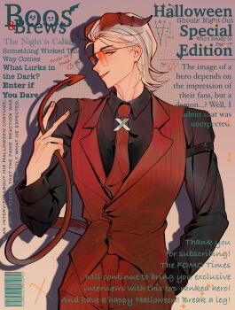 1boy absurdres barcode between_fingers black_eyes black_shirt chinese_commentary collared_shirt commentary_request cover cowboy_shot demon_boy demon_horns demon_tail english_text fake_cover fake_magazine_cover foreground_text hair_slicked_back hand_in_pocket heart heart-shaped_pupils highres holding holding_own_tail horns long_sleeves looking_at_viewer magazine_cover male_focus mullet naiann49374 necktie official_alternate_costume orange-tinted_eyewear pants pinstripe_pattern pinstripe_vest rectangular_eyewear red_horns red_necktie red_pants red_pupils red_tail red_vest shirt short_hair smile solo sparkle striped_clothes striped_vest sunglasses symbol-shaped_pupils tail text_background tinted_eyewear to_be_hero to_be_hero_x tongue tongue_out v vertical-striped_clothes vertical-striped_vest vest white_hair wing_collar x_(to_be_hero_x) x_ornament