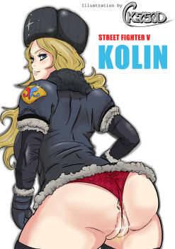 1girl anus anus_peek ass back black_thighhighs blonde_hair blonde_pubic_hair blue_eyes blush breasts censored commentary_request curvy english_text female_focus female_pubic_hair fur_hat hat highres hip_focus kolin kz750d large_breasts long_hair looking_at_viewer looking_back mittens no_pants panties pubic_hair pussy red_panties simple_background solo street_fighter street_fighter_v thick_thighs thighhighs thighs thong underwear ushanka white_background wide_hips