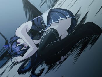 1girl black_shirt black_skirt black_thighhighs covered_mouth duel_masters duel_masters_play's dutch_angle hair_between_eyes hair_ornament highres long_hair lying noin_(duel_masters) on_side purple_eyes purple_hair shirt skirt solo thighhighs zeke_(analogmon)