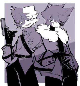 Rule 34 | 2boys, black pants, colored skin, friday night funkin', fur trim, grey hair, grey skin, gun, looking at viewer, multiple boys, pants, roze (friday night funkin'), ruvyzvat (friday night funkin'), short hair, smile, usa37107692, weapon, white eyes, white hair, white skin