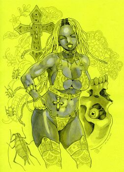 1girl absurdres aphid arms_at_sides bare_shoulders beads belt_buckle braid braided_dreadlocks breasts buckle bug choker clenched_teeth closed_eyes cross dark-skinned_female dark_skin dreadlocks eyeball flower gloves hair_beads hair_ornament highres jewelry lingerie long_hair midriff monochrome nail_(hardware) necklace original poligon_sticker skull smile solo teeth thighhighs thighs underwear yellow_background