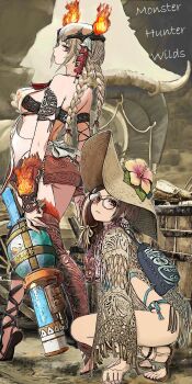2girls alma_(monster_hunter_wilds) bikini blonde_hair blue_bikini braid breasts brown_eyes brown_hair closed_mouth eyewear_on_head fire flower glasses hat highres jewelry long_hair looking_at_viewer monster_hunter_(character) monster_hunter_(series) monster_hunter_wilds multiple_girls necklace net summer sunglasses swimsuit twin_braids water_gun zi-dabu