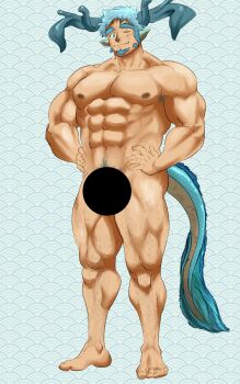 1boy abs armpit_hair armpit_hair_peek bad_id bad_twitter_id bar_censor bara blue_hair blue_horns censored facial_hair fins fish_boy fish_tail fugur6_fugur9 full_body goatee hands_on_own_hips head_fins highres horns huge_eyebrows large_horns large_pectorals looking_at_viewer male_focus mature_male medium_sideburns monster_boy muscular muscular_male navel navel_hair nipples one_eye_closed original pectorals scar scar_across_eye scar_on_face short_hair solo sparse_leg_hair standing stomach strongman_waist tachi-e tail thick_thighs thighs