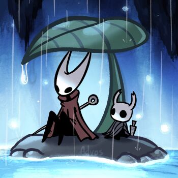 1girl 1other advos ambiguous_gender artist_name black_cloak cape cloak commentary english_commentary height_difference hollow_knight hornet_(hollow_knight) knight_(hollow_knight) leaf looking_at_another nail_(hollow_knight) planted rain red_cape sitting water weapon