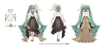 1girl 3girls absurdly_long_hair aqua_eyes aqua_hair arms_up artist_name bare_shoulders black_bow black_bowtie black_dress black_skirt blue_eyes bow bowtie branch capelet chinese_commentary closed_mouth commentary_request detached_sleeves dress drill drill_hair flower frilled_capelet frilled_dress frilled_hair_tie frilled_hairband frilled_headwear frilled_skirt frills full_body gloves green_eyes green_hair hair_bow hair_flower hair_ornament hair_ribbon hairband hatsune_miku high_heels highres holding jewelry long_hair long_sleeves looking_at_viewer multiple_girls multiple_views nail_polish pearl_body_chain reference_sheet ribbon rose see-through_clothes see-through_dress see-through_skirt simple_background skirt smile solo standing tachi-e thorns toto_(caaaaarrot) twin_drills twintails very_long_hair vocaloid white_background white_capelet white_dress