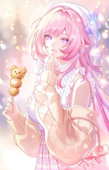 1girl absurdres bag bare_shoulders casual closed_mouth commentary cowboy_shot cyrene_(demiurge)_(honkai:_star_rail) cyrene_(honkai:_star_rail) english_commentary fingernails frilled_shirt_collar frills hair_intakes hand_to_own_mouth hand_up hat highres holding honkai:_star_rail honkai_(series) long_hair looking_at_viewer minzu_u pink_bag pink_hair pink_skirt pointy_ears purple_eyes shirt shirt_tucked_in shoulder_bag sidelocks skirt smile solo white_hat white_shirt