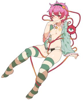 1girl anger_vein black_hairband blush breasts closed_mouth emu_(eomou) frilled_shirt frills hairband heart_pasties highres komeiji_satori medium_breasts messy_hair no_shoes open_clothes open_shirt panties pasties pink_hair red_eyes shirt short_hair simple_background sitting solo striped_clothes striped_thighhighs sweat thighhighs third_eye touhou underwear white_background