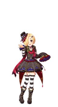 1girl blonde_hair boots child full_body hair_ornament hair_over_one_eye hairclip hat idol_clothes idolmaster idolmaster_cinderella_girls idolmaster_cinderella_girls_starlight_stage mini_hat official_art open_mouth red_eyes shirasaka_koume solo striped_clothes striped_thighhighs thighhighs transparent_background