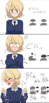 1girl absurdres blonde_hair blue_eyes blush bouncing_breasts braid breasts closed_eyes closed_mouth darjeeling_(girls_und_panzer) girls_und_panzer highres jinguu_(4839ms) large_breasts looking_at_viewer multiple_views open_mouth school_uniform smile st._gloriana&#039;s_school_uniform upper_body wavy_mouth