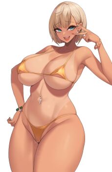 Rule 34 | 1girl, :d, aqua eyes, bikini, blonde hair, breasts, cross piercing, dark-skinned female, dark skin, earrings, hand on own hip, highres, huge breasts, indie virtual youtuber, inward v, jewelry, kuavera, looking at viewer, micro bikini, minko xiv, navel, navel piercing, open mouth, orange bikini, piercing, second-party source, simple background, smile, solo, standing, stomach, swimsuit, tan, tanline, teeth, upper teeth only, v, v over eye, variant set, virtual youtuber, white background
