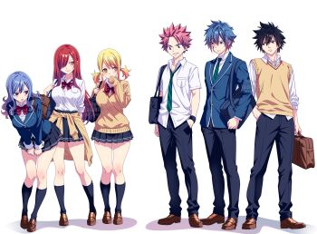 3boys 3girls absurdres bag black_hair black_socks blonde_hair blue_hair breasts erza_scarlet fairy_tail gray_fullbuster highres jellal_fernandes juvia_lockser large_breasts leaning_forward long_hair long_sleeves lucy_heartfilia multiple_boys multiple_girls natsu_dragneel necktie pants pink_hair pleated_skirt red_hair school_bag school_uniform shirt short_hair skirt socks standing twintails white_background white_shirt yookanart