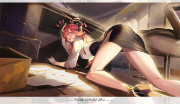 1girl absurdres all_fours aru_(blue_archive) ass black_skirt blue_archive box breasts cardboard_box chair character_name chinese_commentary commentary_request demon_girl demon_horns desk halo high_heels highres horns indoors large_breasts long_hair office paper pencil_skirt red_hair red_halo shirt skirt solo swivel_chair thighs white_shirt yellow_eyes yeyoutiangong
