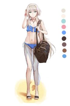 1girl an-94_(girls&#039;_frontline) aqua_eyes bag bikini blonde_hair blue_bikini carrying color_guide frilled_bikini frills full_body girls&#039;_frontline hairband highres niac see-through_clothes shoulder_bag solo swimsuit