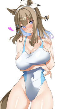 1girl :p absurdres almond_eye_(umamusume) alternate_costume animal_ears anok7456 blue_eyes blue_hair blush breasts brown_hair cleavage collarbone colored_inner_hair commentary_request competition_swimsuit gluteal_fold hairbnad highres horse_ears horse_girl horse_tail large_breasts looking_at_viewer multicolored_hair one-piece_swimsuit open_mouth simple_background solo standing swimsuit tail thighs tongue tongue_out two-tone_hair umamusume white_background