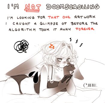 1girl absurdres animal_ears black_panties blush breasts cheru_(cheruleanart) cleavage commentary elbow_rest english_text frustrated head_rest highres holding holding_phone limited_palette looking_at_phone lying medium_breasts medium_hair on_stomach original panties phone pillow rabbit_ears shoulder_blush sketch solo symbol-only_commentary under_covers underwear underwear_only white_eyes white_hair