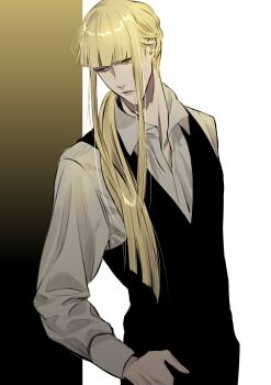 Rule 34 | 1boy, ajuji aju, black vest, bleach, blonde hair, collared shirt, hair over shoulder, hand in pocket, highres, hirako shinji, long hair, male focus, parted lips, shirt, solo, teeth, upper body, vest, waistcoat, white shirt