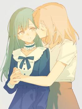 2girls bang_dream! bang_dream!_it&#039;s_mygo!!!!! blonde_hair blue_dress blush brown_skirt choker commentary dress english_commentary frilled_choker frills green_hair hair_ornament hairclip highres holding_hands illuminecanvas long_hair medium_hair misumi_uika multiple_girls parted_lips shirt skirt togawa_sakiko white_shirt yellow_eyes yuri