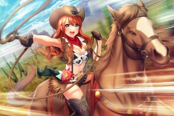 1girl blue_sky cactus cowboy cowboy_hat cowboy_western cowgirl_(western) d4dj happy hat holding holding_lasso holding_reins horse horseback_riding lasso reins riding saddle seto_rika sheriff_(western) sheriff_badge sky western