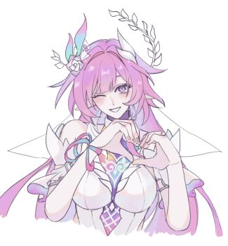 1girl bakon_desu bare_shoulders blush bracelet cyrene_(honkai:_star_rail) cyrene_(ripples_of_past_reverie)_(honkai:_star_rail) detached_sleeves dress flower hair_flower hair_ornament hashtag-only_commentary heart heart_hands highres honkai:_star_rail honkai_(series) jewelry one_eye_closed pink_hair pointy_ears purple_eyes solo upper_body white_dress