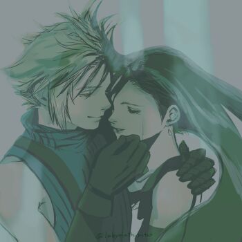 1boy 1girl bare_shoulders black_gloves black_hair blonde_hair blue_sweater closed_mouth cloud_strife commentary_request couple earrings facing_another final_fantasy final_fantasy_vii final_fantasy_vii_remake forehead-to-forehead gloves hand_on_another's_chin hand_on_another's_shoulder happy_tears heads_together highres jewelry long_hair parted_lips short_hair single_earring sleeveless sleeveless_turtleneck smile spiked_hair suspenders sweater tank_top tears tifa_lockhart tori_(labyrinth_fft) turtleneck turtleneck_sweater twitter_username upper_body white_tank_top