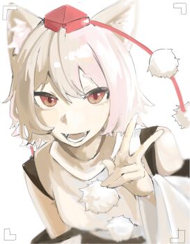 Rule 34 | 1girl, animal ears, arm up, black skirt, black trim, blurry, brown eyes, camera view, check commentary, commentary request, depth of field, detached sleeves, double-parted bangs, hair between eyes, hat, highres, inubashiri momiji, kon46965230, long sleeves, looking at viewer, medium hair, open mouth, pom pom (clothes), red hat, shirt, simple background, skirt, smile, solo, teeth, tokin hat, touhou, upper body, v, viewfinder, white background, white hair, white shirt, wide sleeves, wolf ears, wolf girl