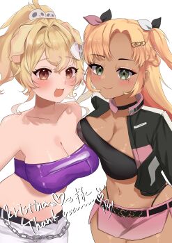 2girls absurdres artist_name belly blonde_hair blush boowow breasts chain_belt character_name choker clavicles cleavage closed_mouth dark-skinned_female dark_skin green_eyes highres indie_virtual_youtuber iry_illust kwistina long_hair miniskirt multiple_girls open_mouth pink_skirt skirt virtual_youtuber white_background