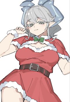 1girl breasts capelet cleavage closed_mouth commentary_request cowboy_shot dress drill_hair duel_monster grey_eyes grey_hair highres itoama_030 large_breasts lovely_labrynth_of_the_silver_castle pointy_ears red_capelet red_dress santa_costume santa_dress simple_background slit_pupils smile solo strapless strapless_dress twin_drills white_background yu-gi-oh!