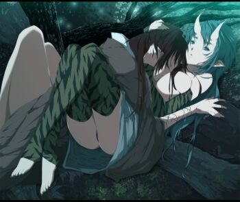 2girls animal_print aqua_eyes aqua_hair bad_id bad_pixiv_id barefoot between_breasts branch breasts brown_hair censored closed_eyes convenient_censoring demon demon_girl detached_sleeves feet hair_over_breasts horns hug in_tree knees_up large_breasts leaf long_hair lying multiple_girls on_back oni original pointy_ears robe sitting sitting_in_tree thighhighs tiger_print toenails toes topless_female tree upskirt viola_(seed) yuri