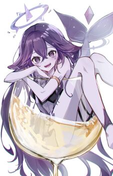 1girl armlet artist_request colored_skin cup drink eyelashes fins fish_tail glass grey_skin halo highres in_container in_cup indie_virtual_youtuber jewelry long_hair looking_at_viewer megalodon_(vtuber) open_mouth purple_eyes purple_hair shark_girl shark_tail sharp_teeth simple_background smile solo star-shaped_pupils star_(symbol) symbol-shaped_pupils tail teeth virtual_youtuber white_background